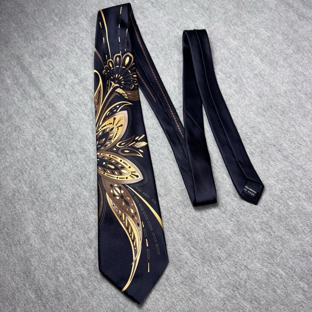 Rare Vitaliano Pancaldi Gold&Black Floral Abstract Silk Tie  3.5"X60" Italy